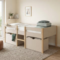 Lit simple surélevé mi-hauteur 90 x 190 cm SERVANE avec sommier, barrières, 2 tiroirs de rangement et tablette beige et bois