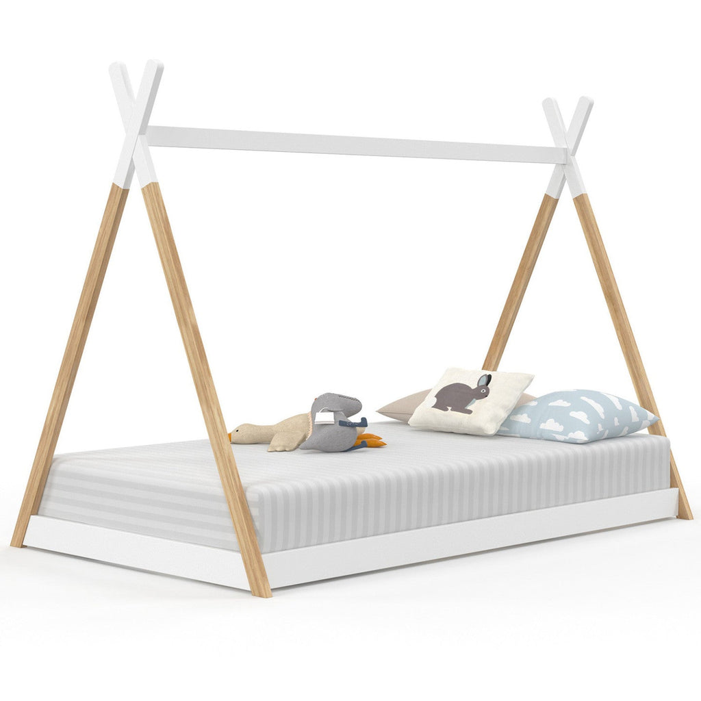 Lit tipi enfant 90 x 190 cm COME avec sommier bois et blanc