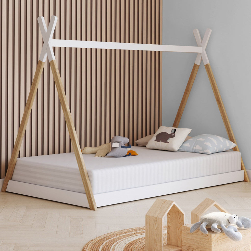 Lit tipi enfant 90 x 190 cm COME avec sommier bois et blanc