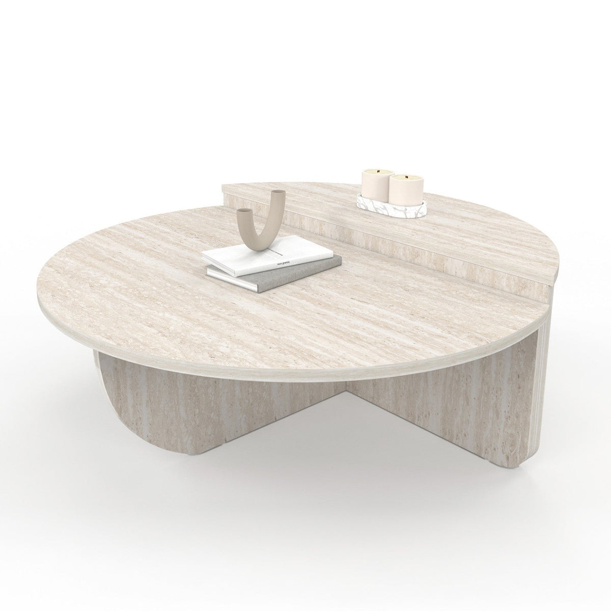 Lot de 2 tables basses rondes asymétriques GUILIA 90 cm effet travertin