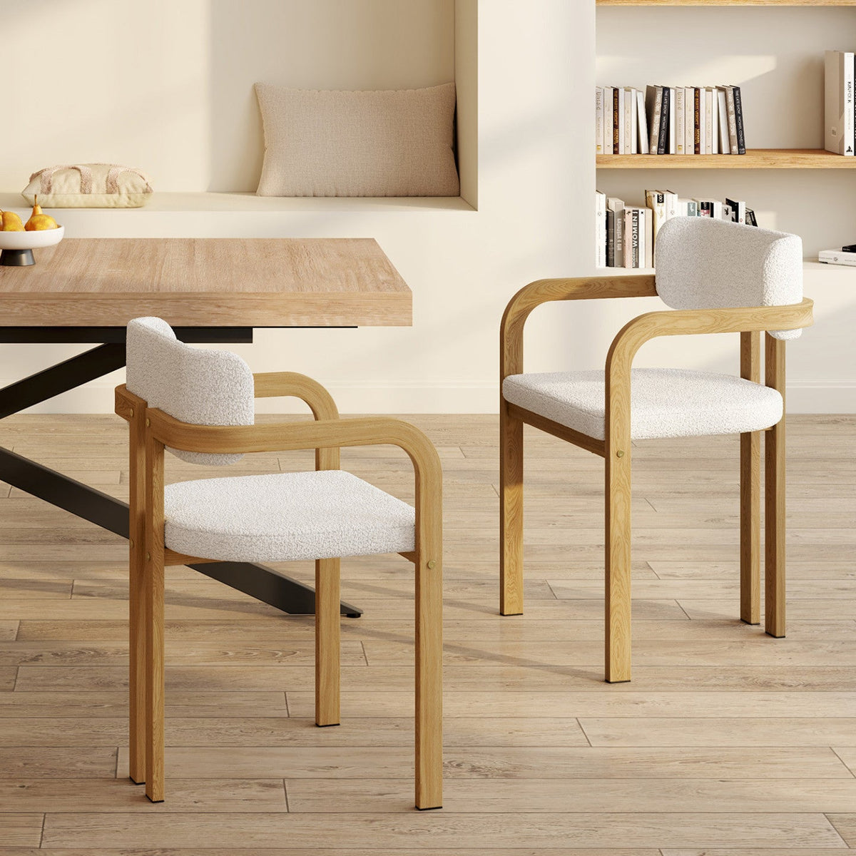 Lot de 2 chaises de salle à manger, fauteuils de table ESMA en métal effet bois et tissu bouclette avec accoudoirs
