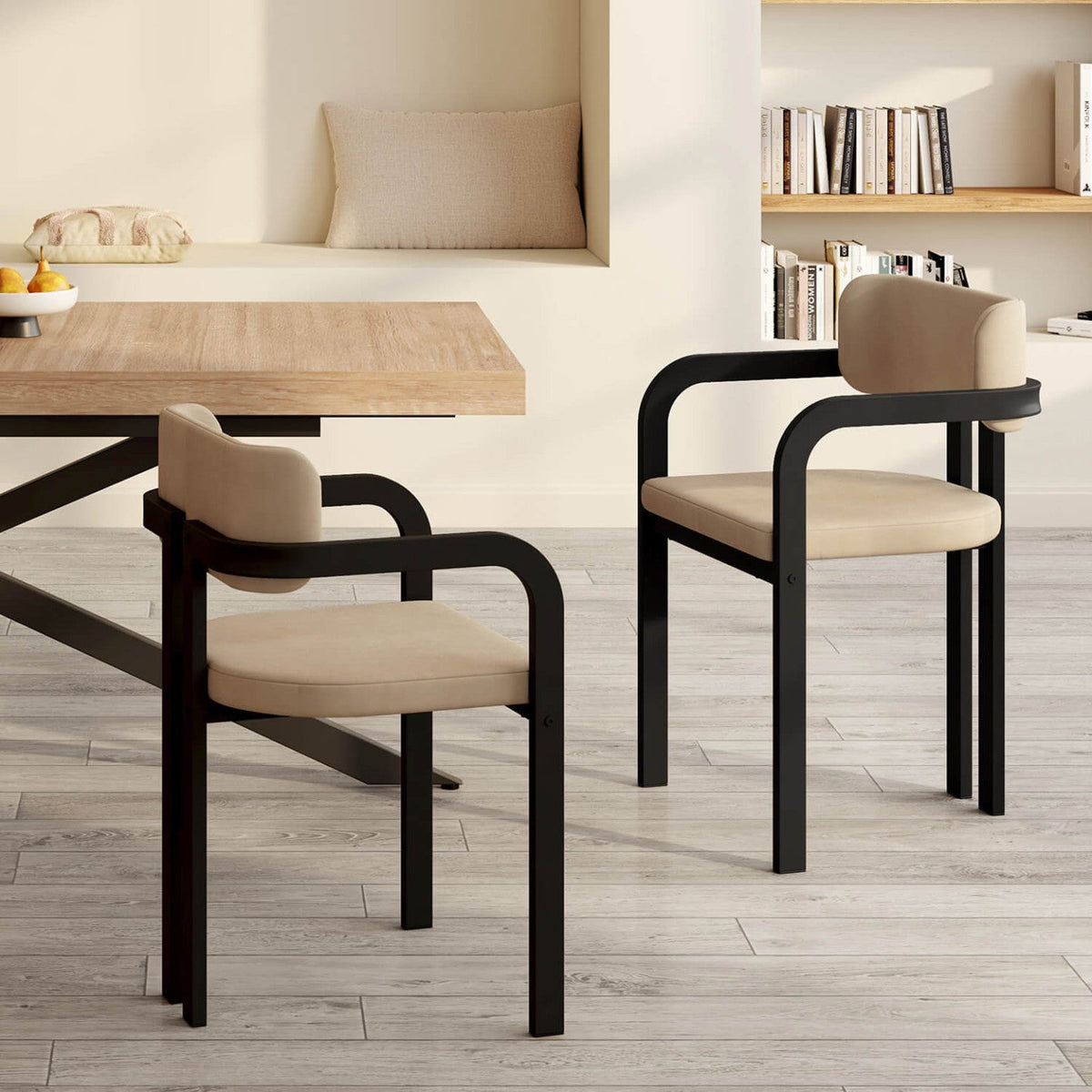 Lot de 2 chaises de salle à manger, fauteuils de table ESMA en métal noir et velours taupe avec accoudoirs