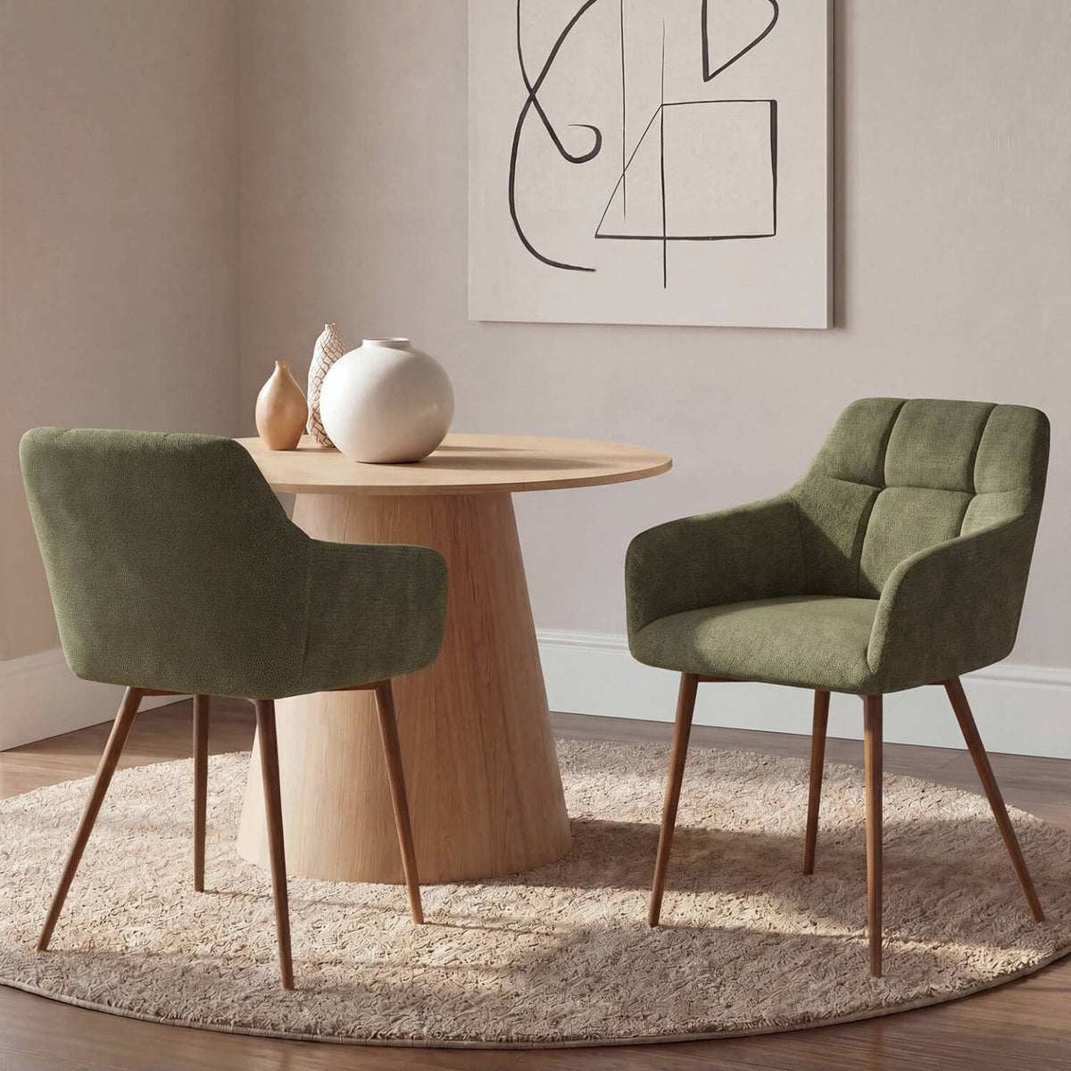 Lot de 2 chaises GINA tissu chenille vert pieds effet noyer