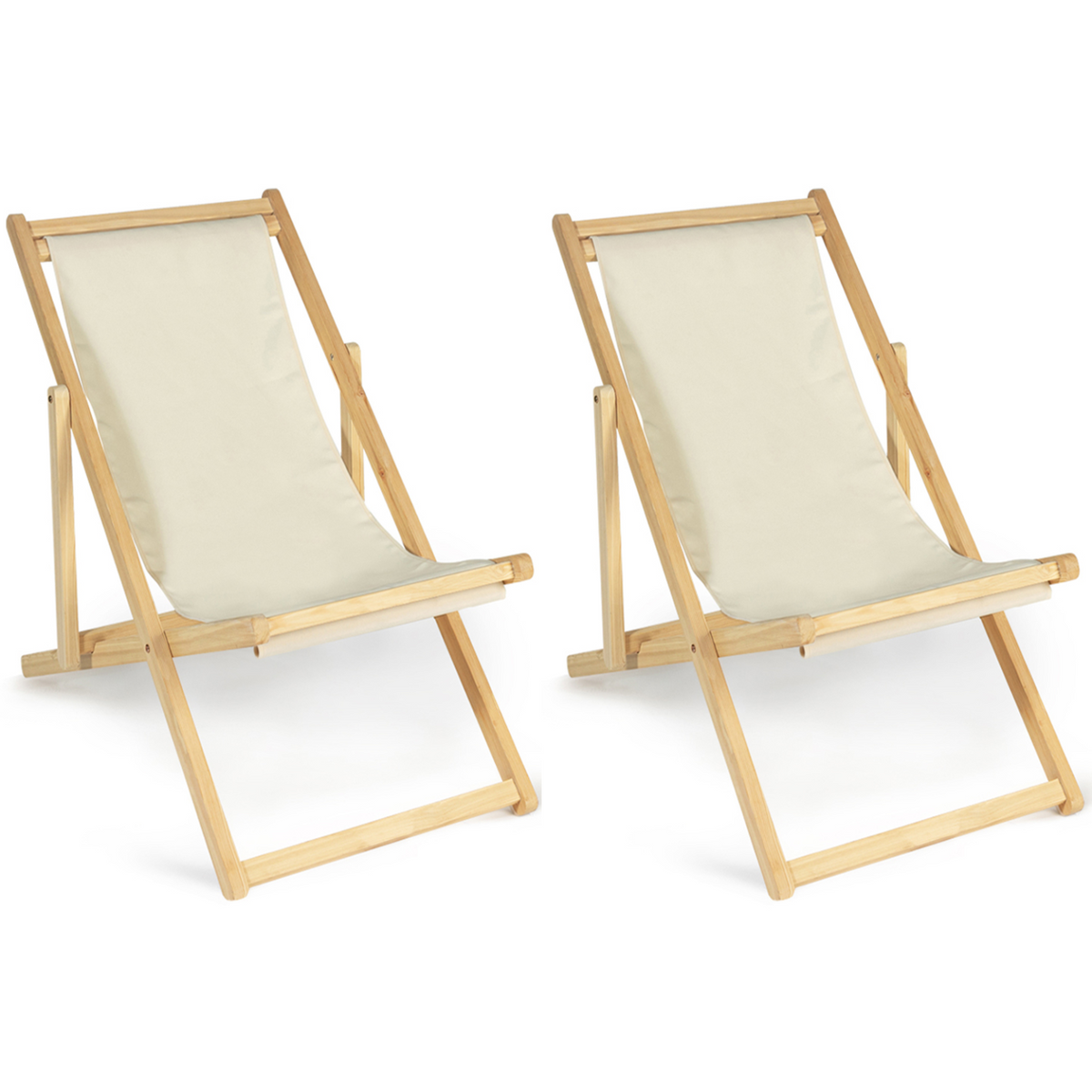 Lot de 2 chiliennes pliantes en bois et toile écru