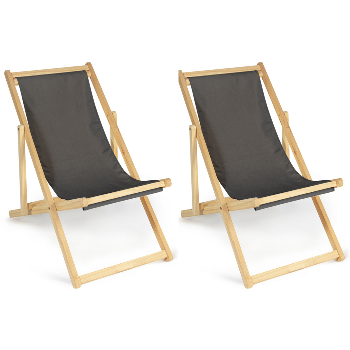 Lot de 2 chaises longues pliantes chiliennes en bois et toile gris anthracite