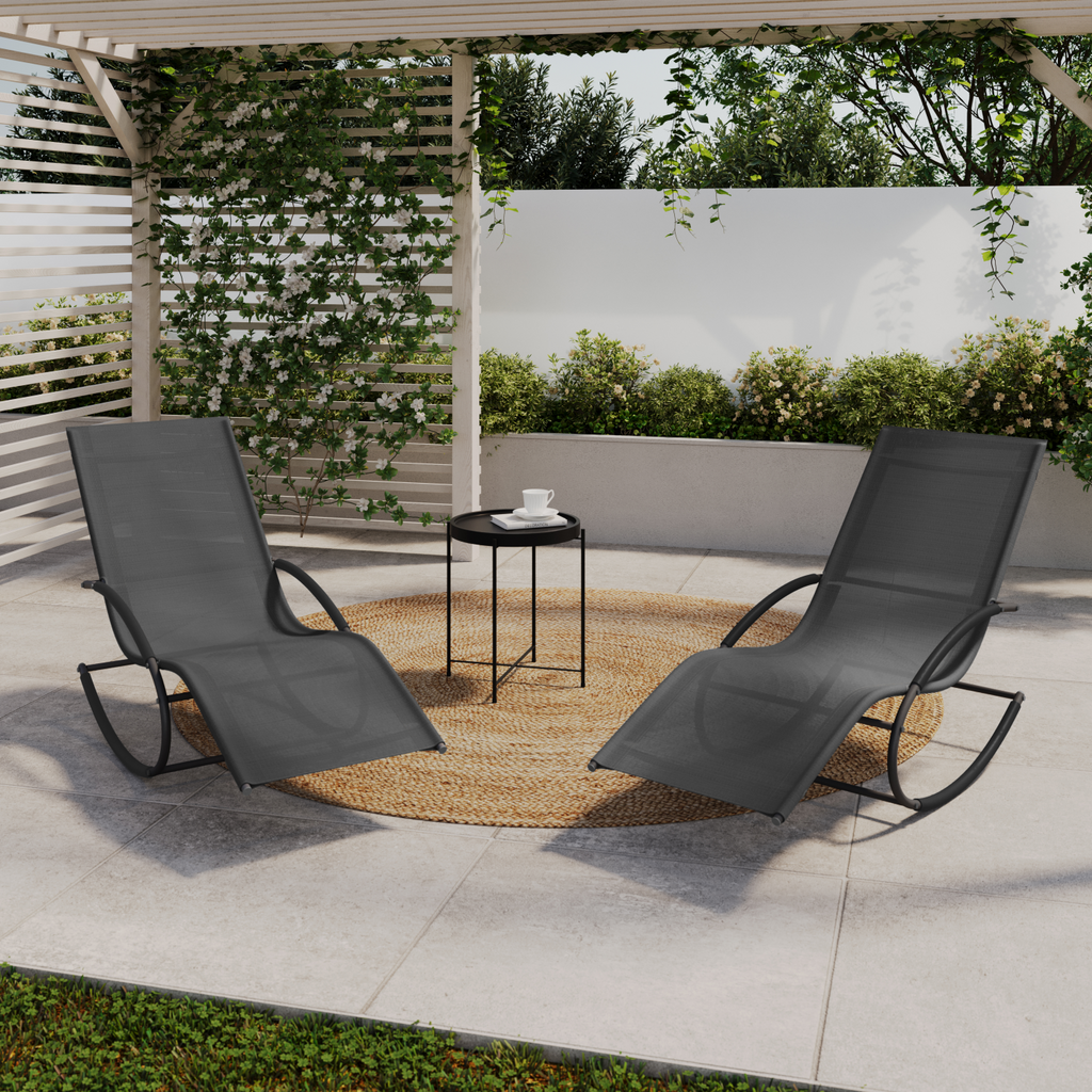 Lot de 2 chaises longues - transat de jardin à bascule MALAWI gris anthracite et toile grise