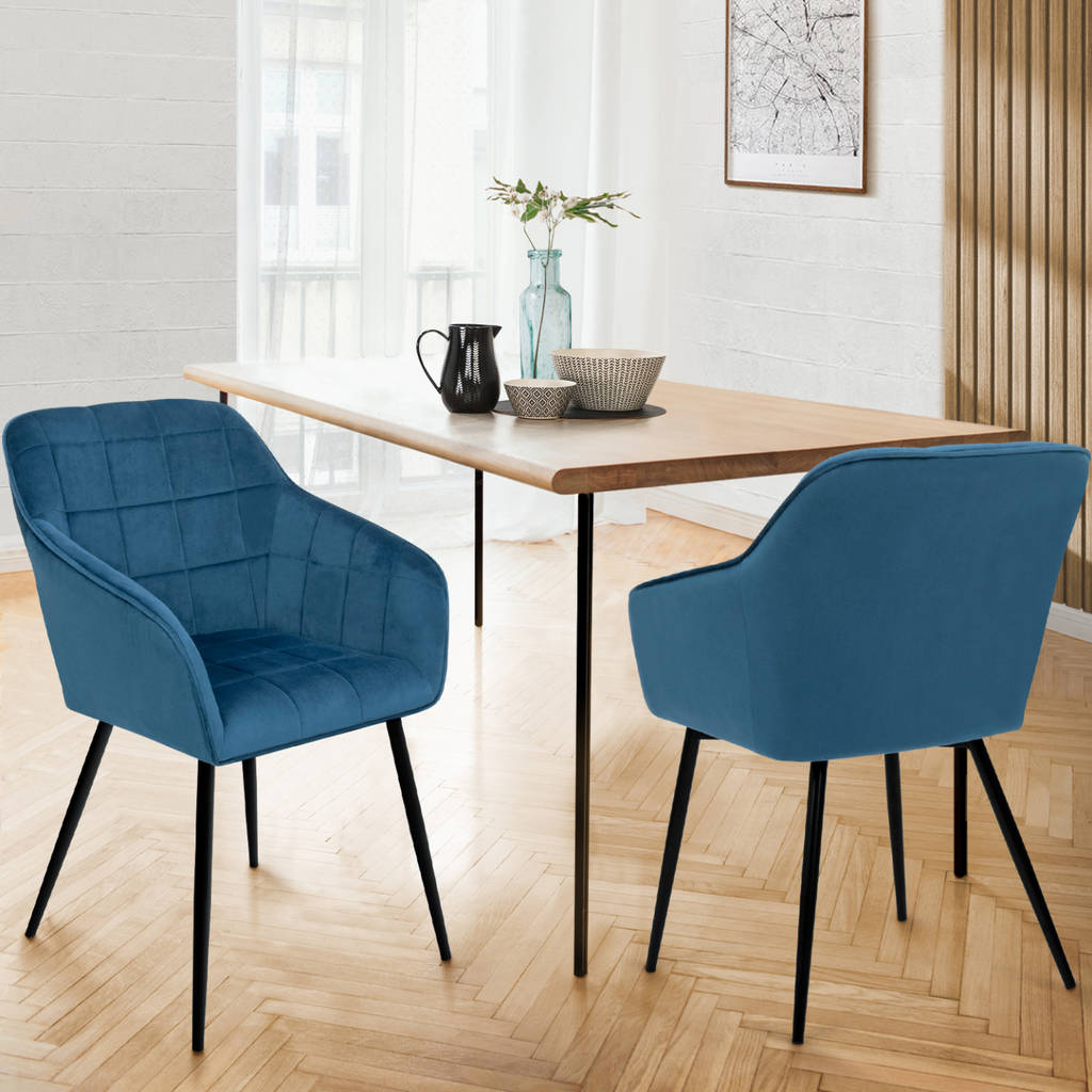 Lot de 2 chaises de salle à manger, fauteuils de table MADY en velours bleu canard