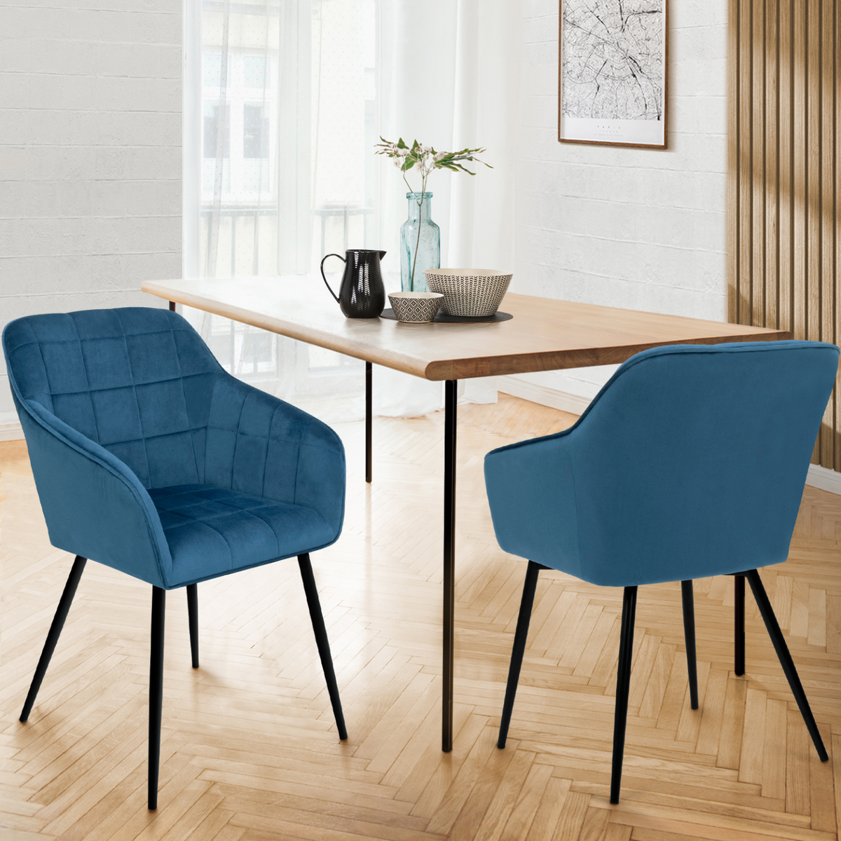 Lot de 2 chaises de salle à manger, fauteuils de table MADY en velours bleu canard