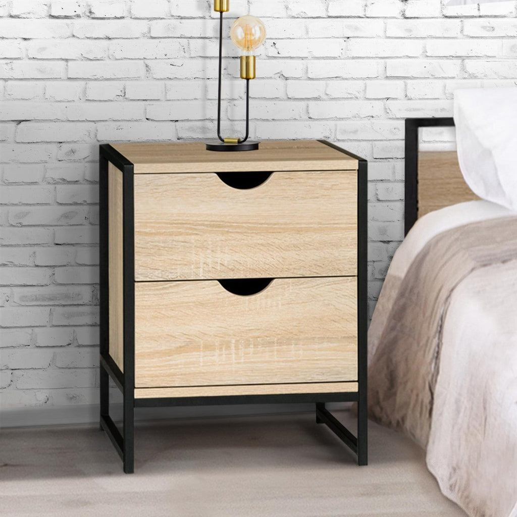 Lot de 2 tables de chevet DETROIT 2 tiroirs bois et métal noir design industriel