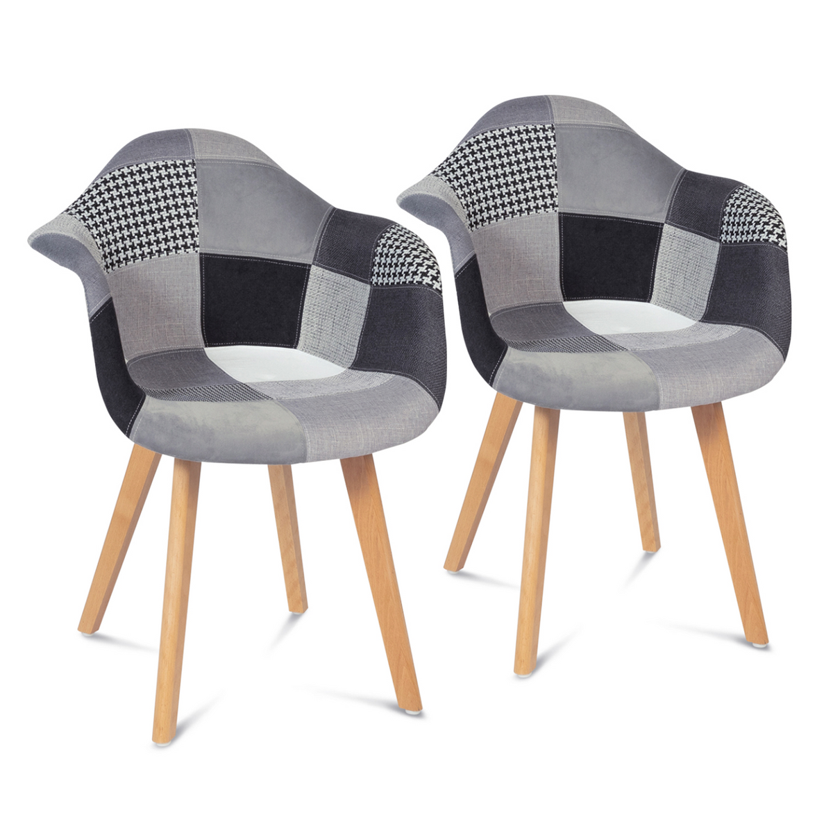 Lot de 2 chaises de salle à manger scandinaves, fauteuils de table SARA motifs patchwork noirs, gris et blancs