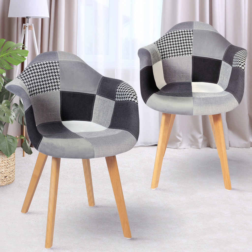 Lot de 2 chaises de salle à manger scandinaves, fauteuils de table SARA motifs patchwork noirs, gris et blancs