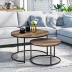 Lot de 2 tables basses gigognes rondes HAWKINS 54/70 cm bois foncé design industriel