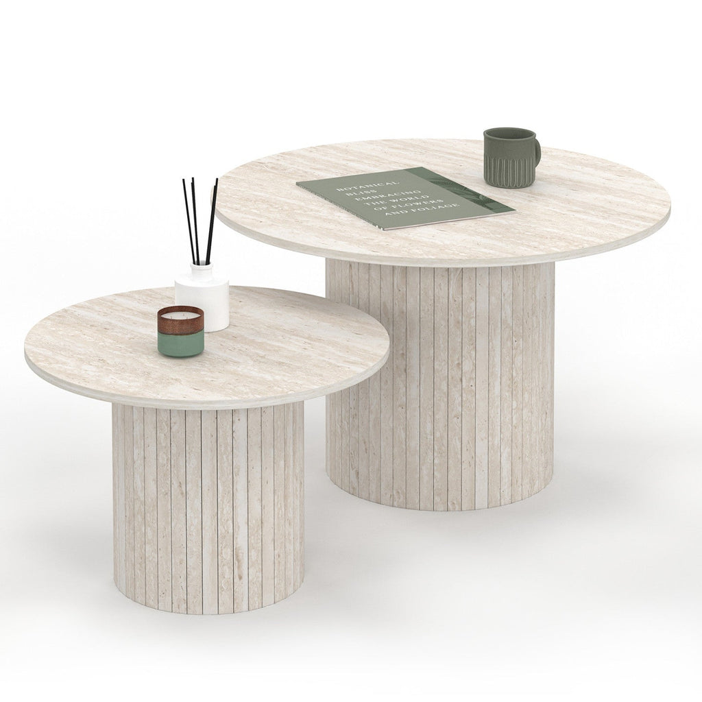 Lot de 2 tables basses gigognes rondes JULIETTE 50/70 effet lattes travertin