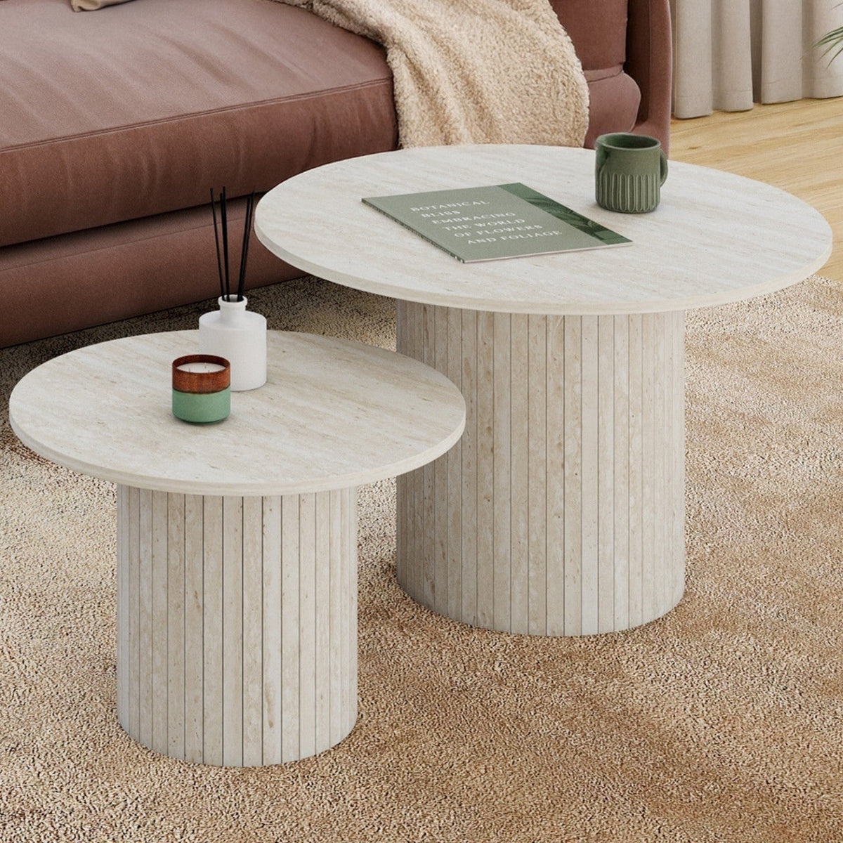 Lot de 2 tables basses gigognes rondes JULIETTE 50/70 effet lattes travertin