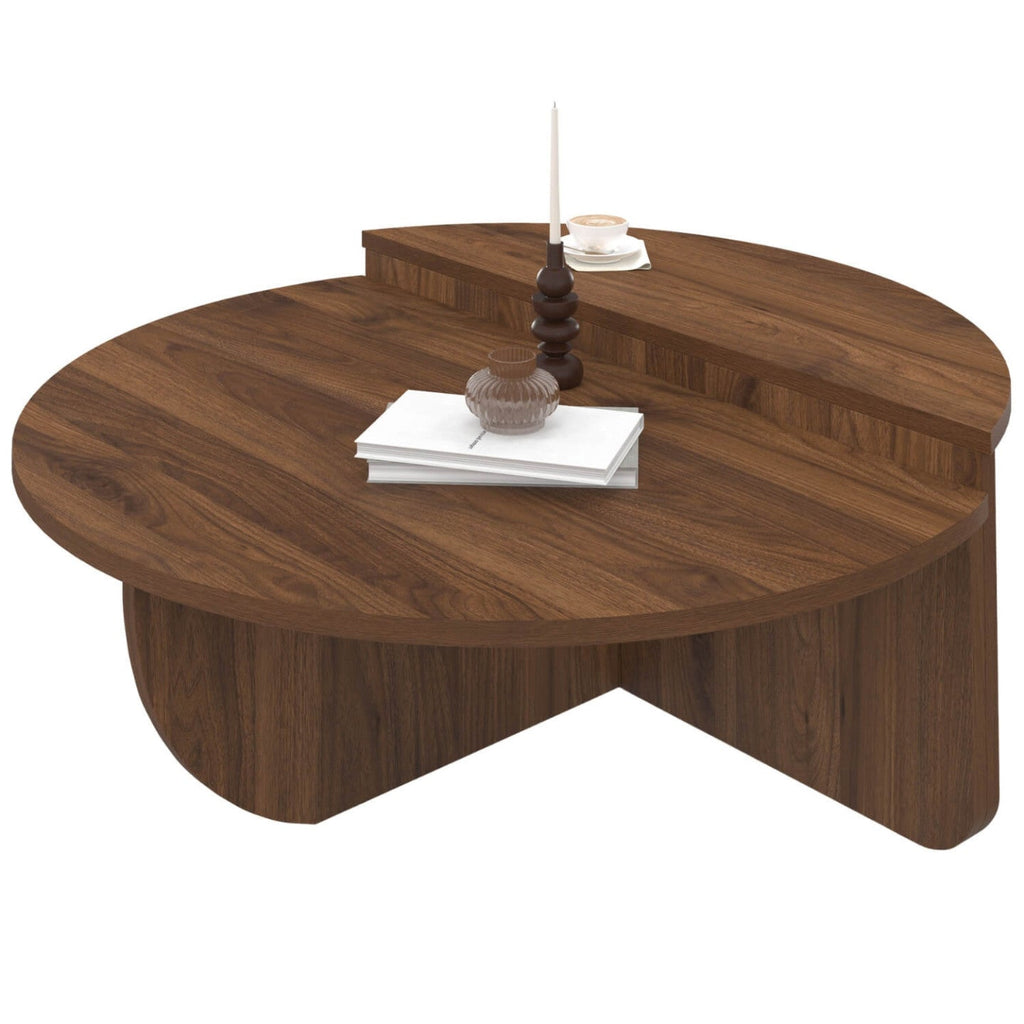 Lot de 2 tables basses rondes GUILIA 90 cm asymétriques effet noyer