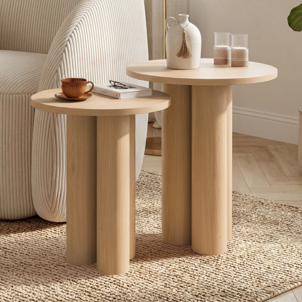 Lot de 2 tables d'appoint rondes, table basse, bouts de canapé, tables de chevet ELOISE 35/40 cm bois effet hêtre