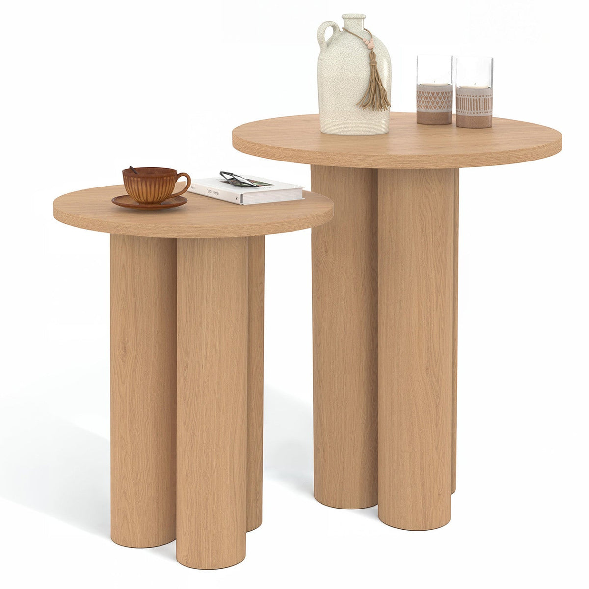 Lot de 2 tables d'appoint rondes, table basse, bouts de canapé, tables de chevet ELOISE 35/40 cm bois effet hêtre