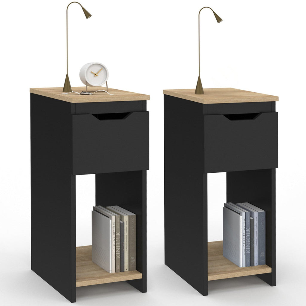 Lot de 2 tables de chevet étroites ANOUK, 1 tiroir avec niche, noir et bois