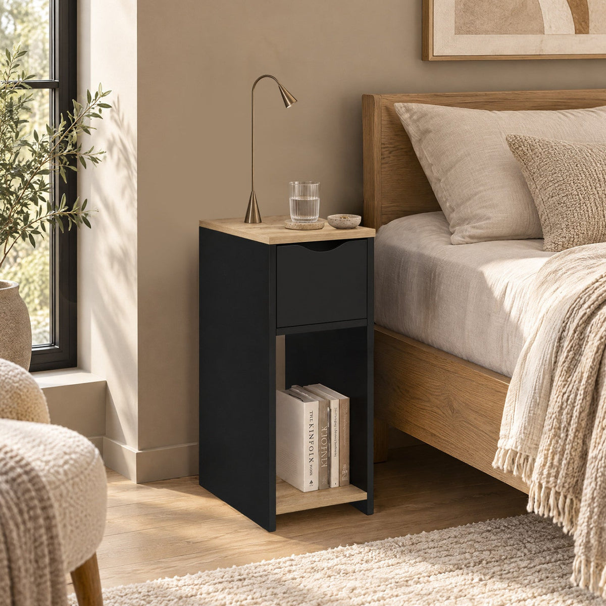 Lot de 2 tables de chevet étroites ANOUK, 1 tiroir avec niche, noir et bois