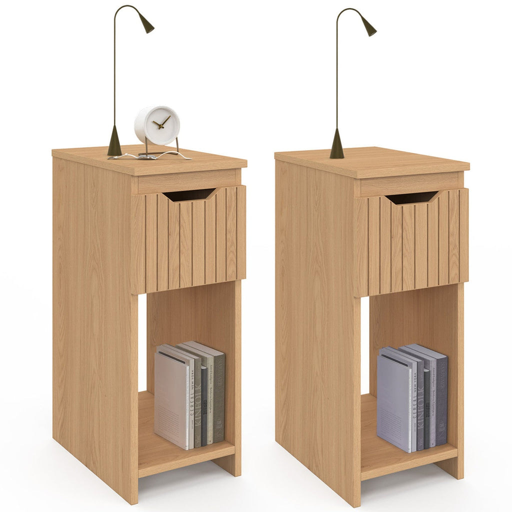 Lot de 2 tables de chevet étroites ANOUK 1 tiroir effet lattes et bois