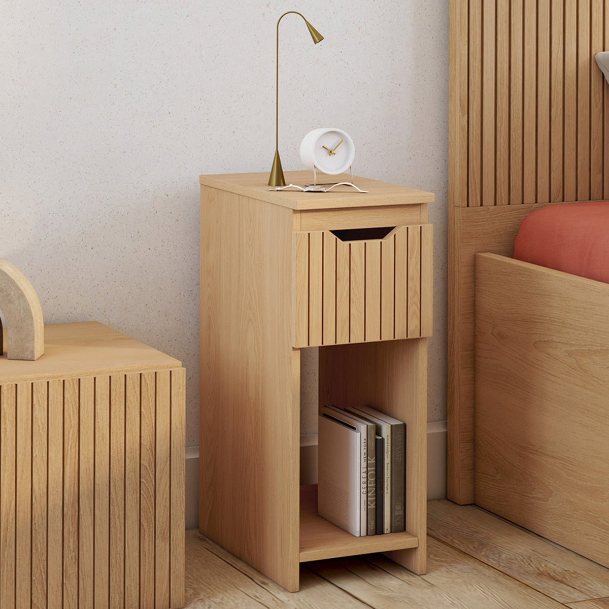 Lot de 2 tables de chevet étroites ANOUK 1 tiroir effet lattes et bois