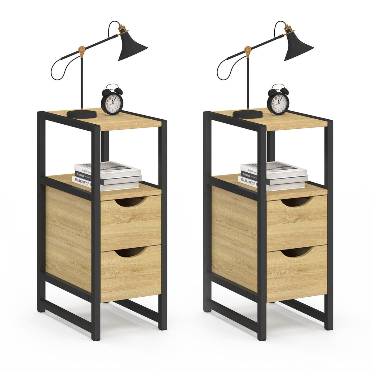 Lot de 2 tables de chevet DETROIT 2 tiroirs et 1 niche bois et métal noir design industriel