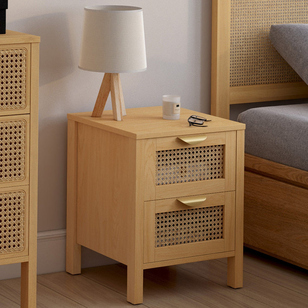 Lot de 2 tables de chevet EDHEN 2 tiroirs cannage et bois