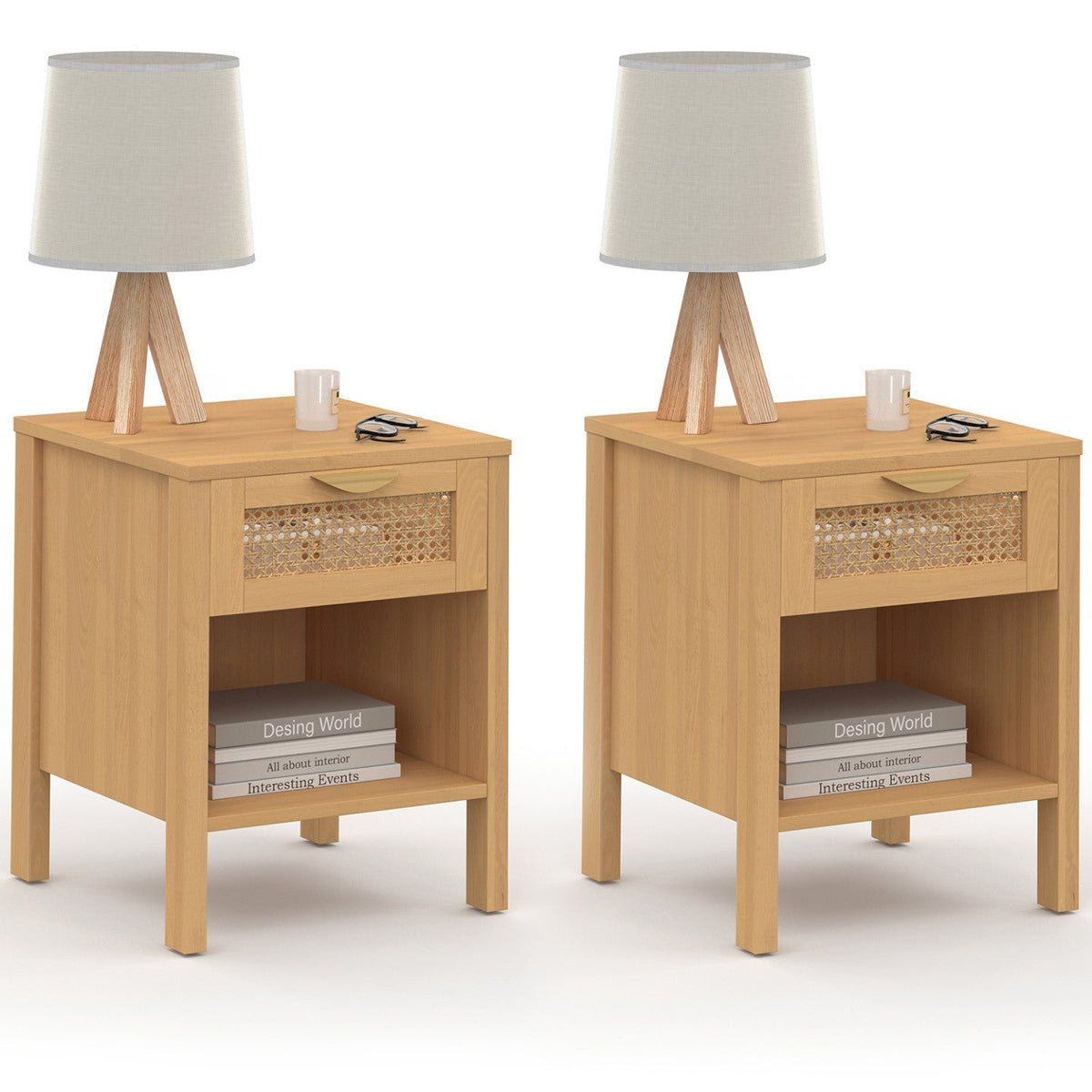 Lot de 2 tables de chevet EDHEN 1 tiroir avec niche cannage et bois