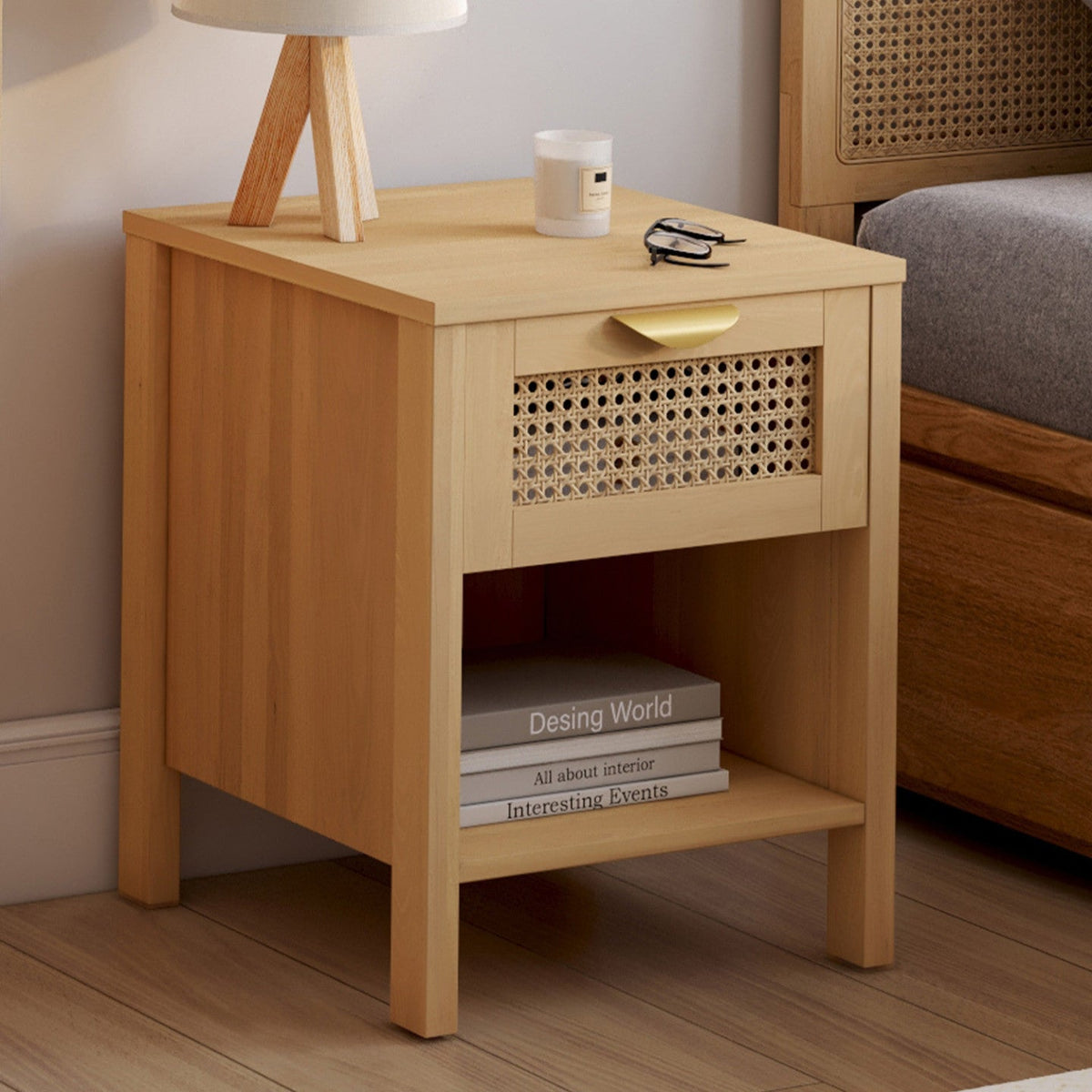 Lot de 2 tables de chevet EDHEN 1 tiroir avec niche cannage et bois