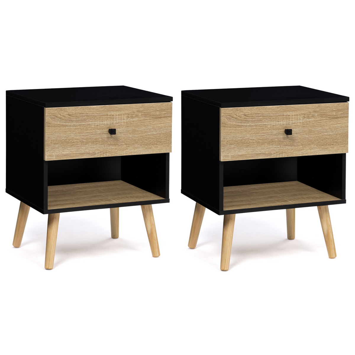 Lot de 2 tables de chevet scandinaves EMMIE 1 tiroir avec niche noir et hêtre