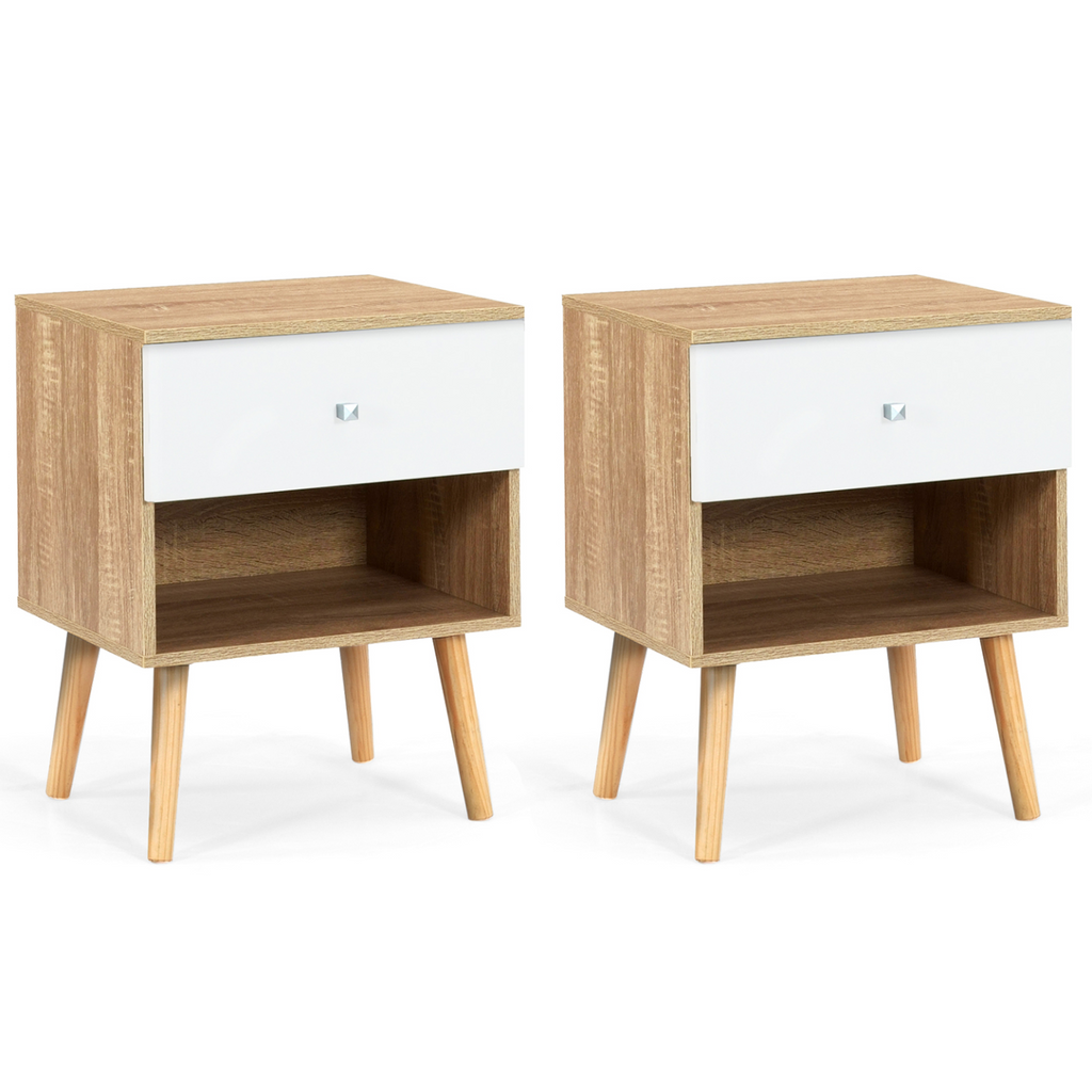 Lot de 2 tables de chevet scandinaves EMMIE 1 tiroir avec niche, hêtre et blanc