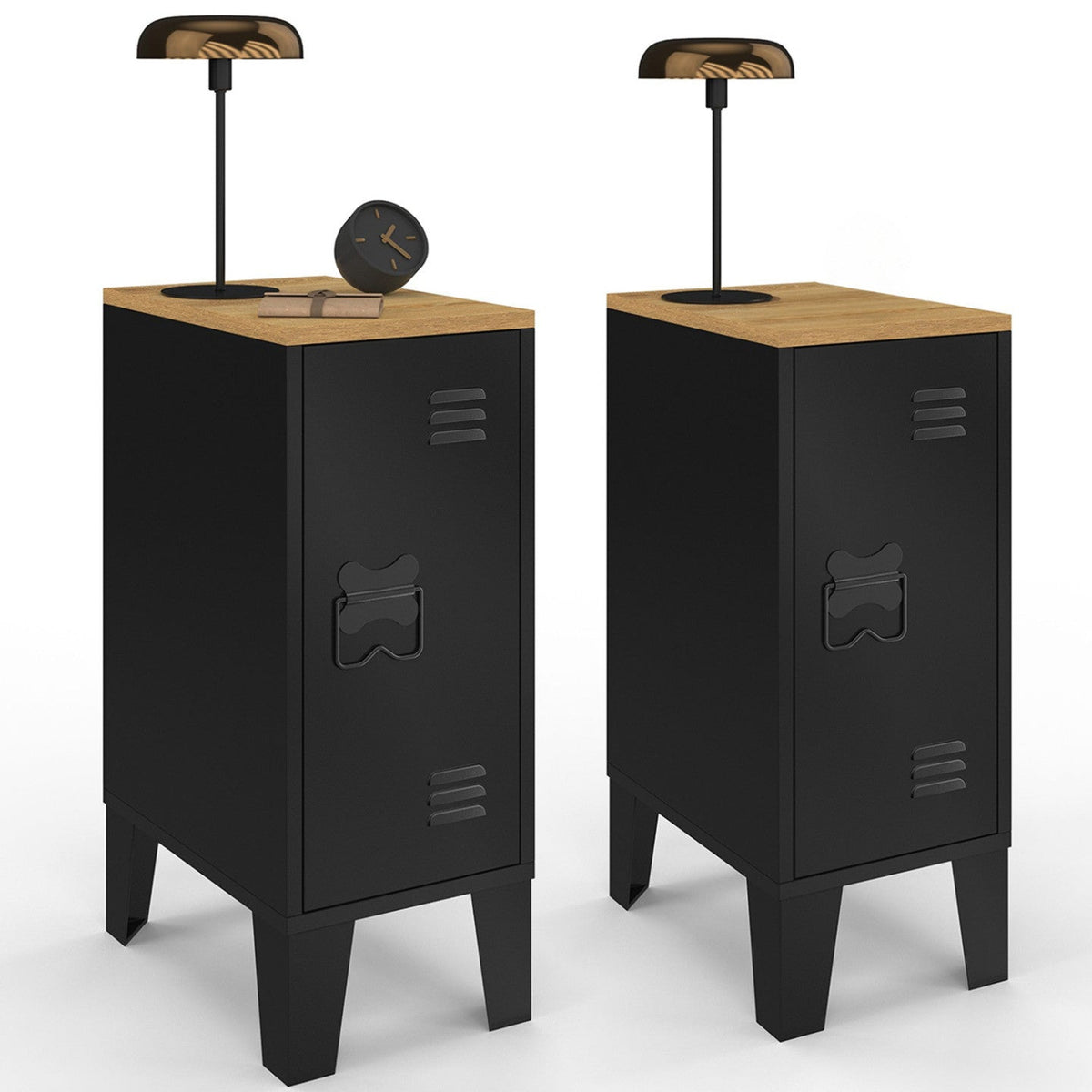 Lot de 2 tables de chevet étroites ESTER 1 porte métal noir plateau façon hêtre design industriel