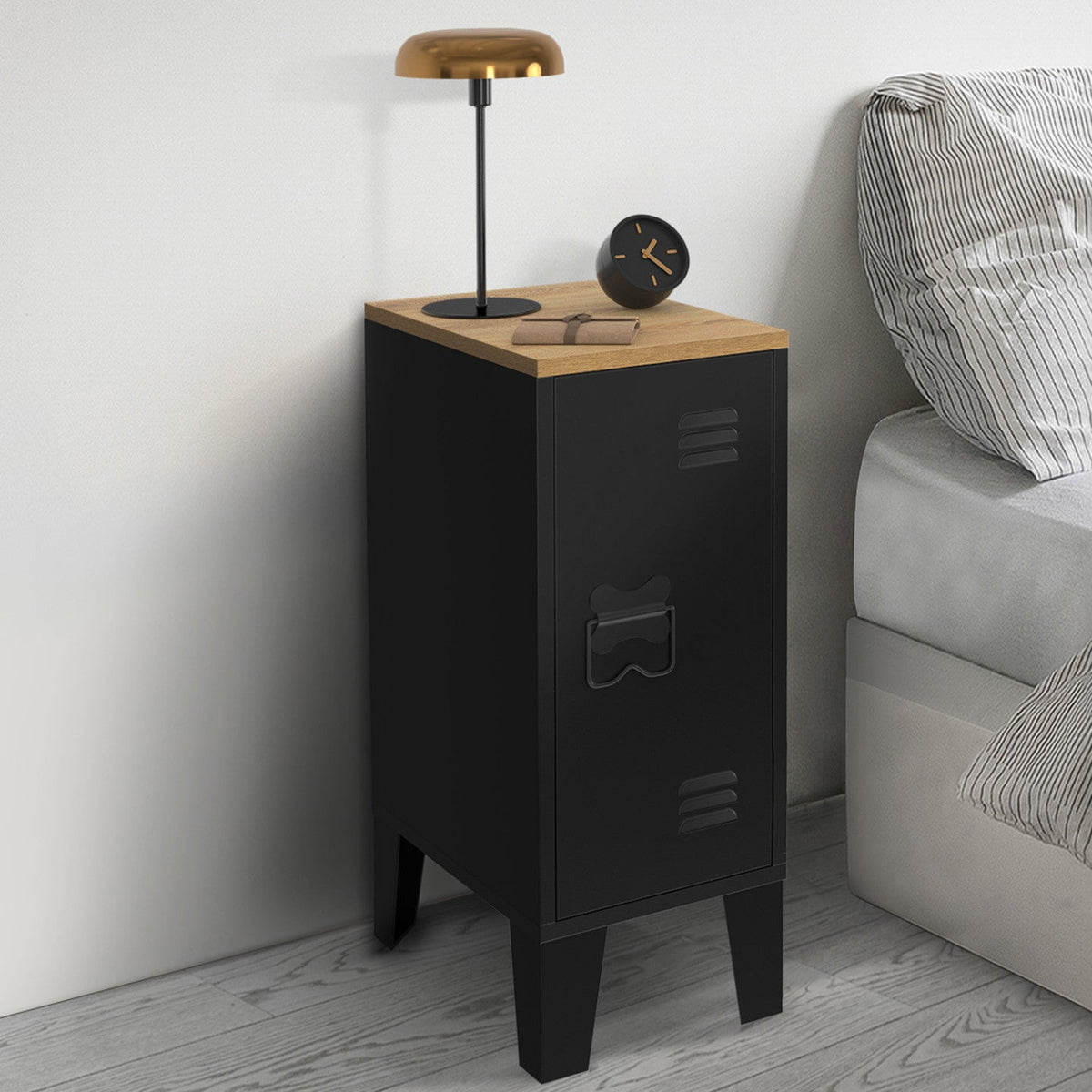 Lot de 2 tables de chevet étroites ESTER 1 porte métal noir plateau façon hêtre design industriel