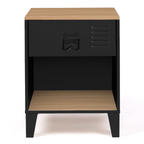 Lot de 2 tables de chevet ESTER 1 tiroir en métal noir avec niche et plateau aspect hêtre au design industriel