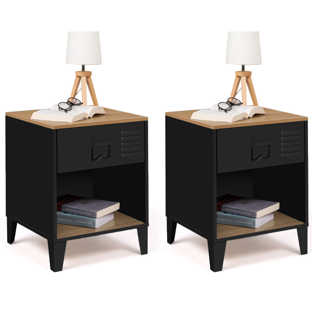 Lot de 2 tables de chevet ESTER 1 tiroir en métal noir avec niche et plateau aspect hêtre au design industriel