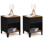 Lot de 2 tables de chevet ESTER 1 tiroir en métal noir avec niche et plateau aspect hêtre au design industriel