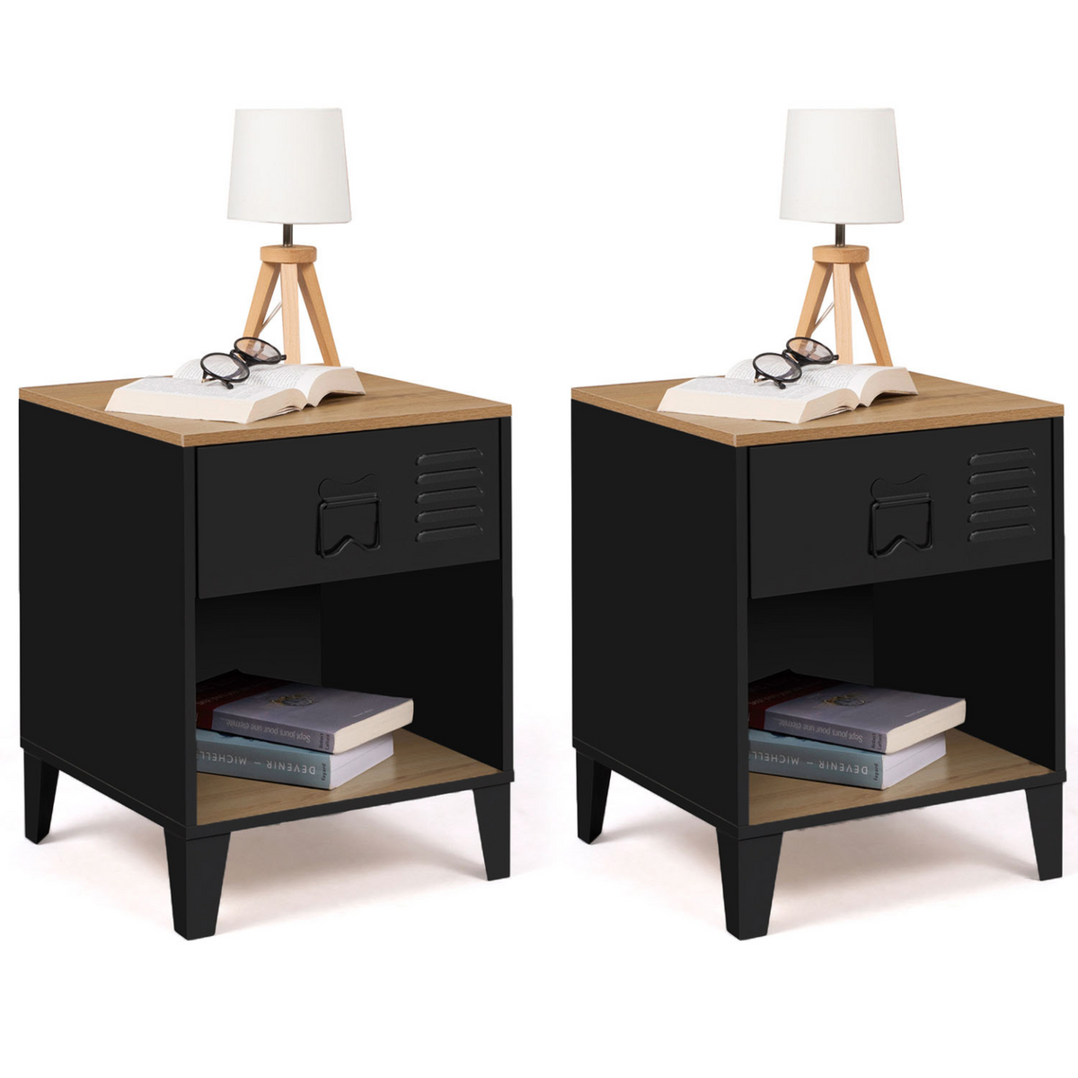 Lot de 2 tables de chevet ESTER 1 tiroir en métal noir avec niche et plateau aspect hêtre au design industriel