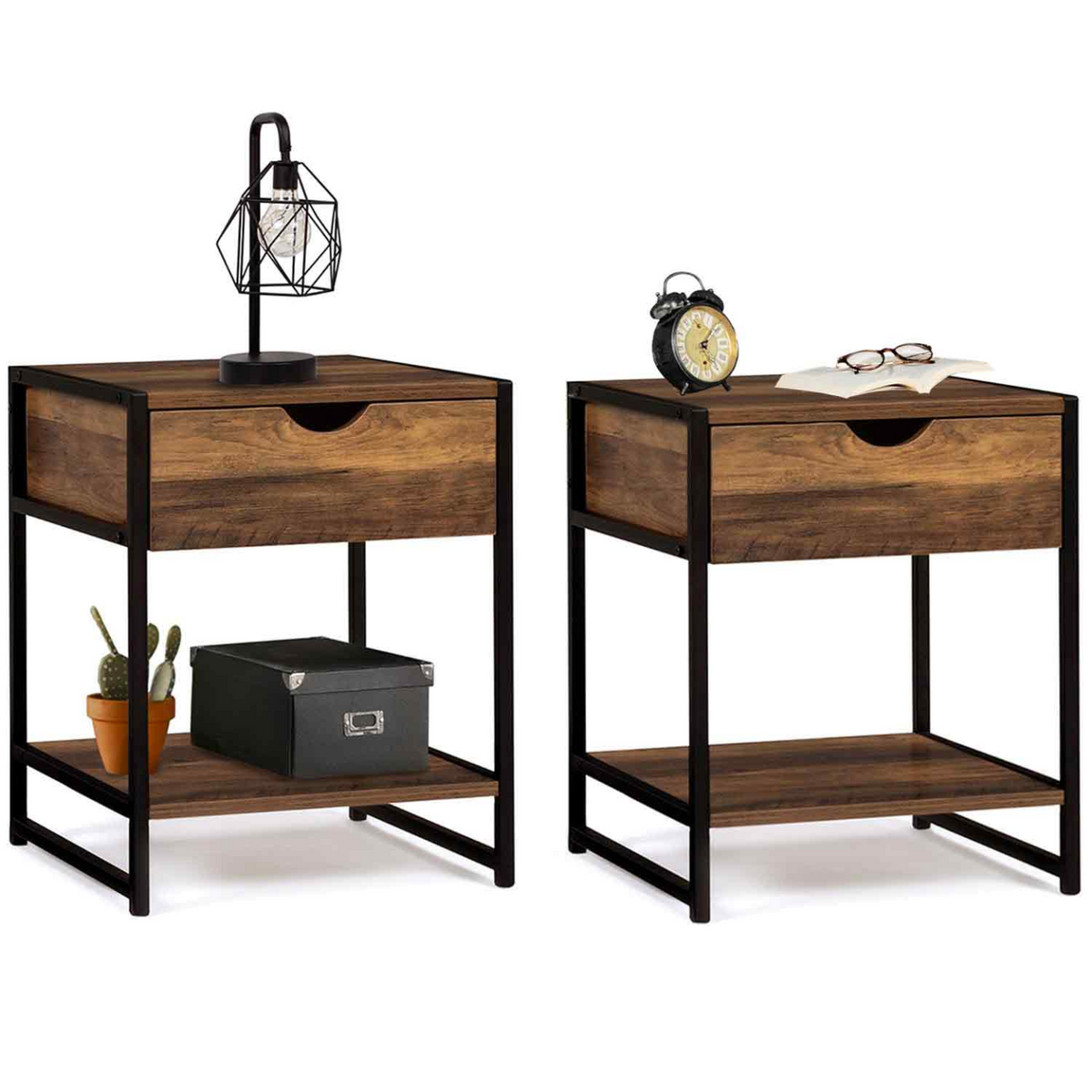 Lot de 2 tables de chevet HAWKINS, 1 tiroir avec tablette, bois foncé, design industriel