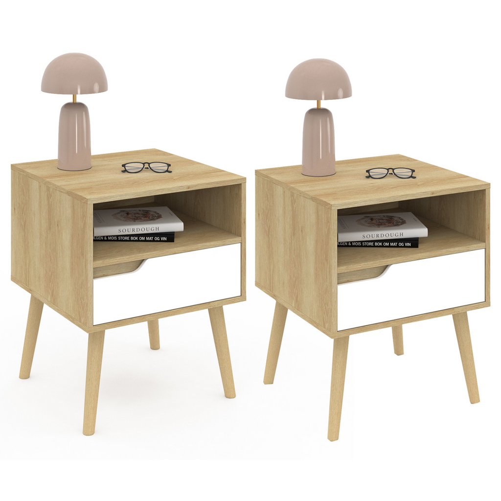 Lot de 2 tables de chevet scandinaves HELSINKI 1 tiroir avec niche effet hêtre et blanc