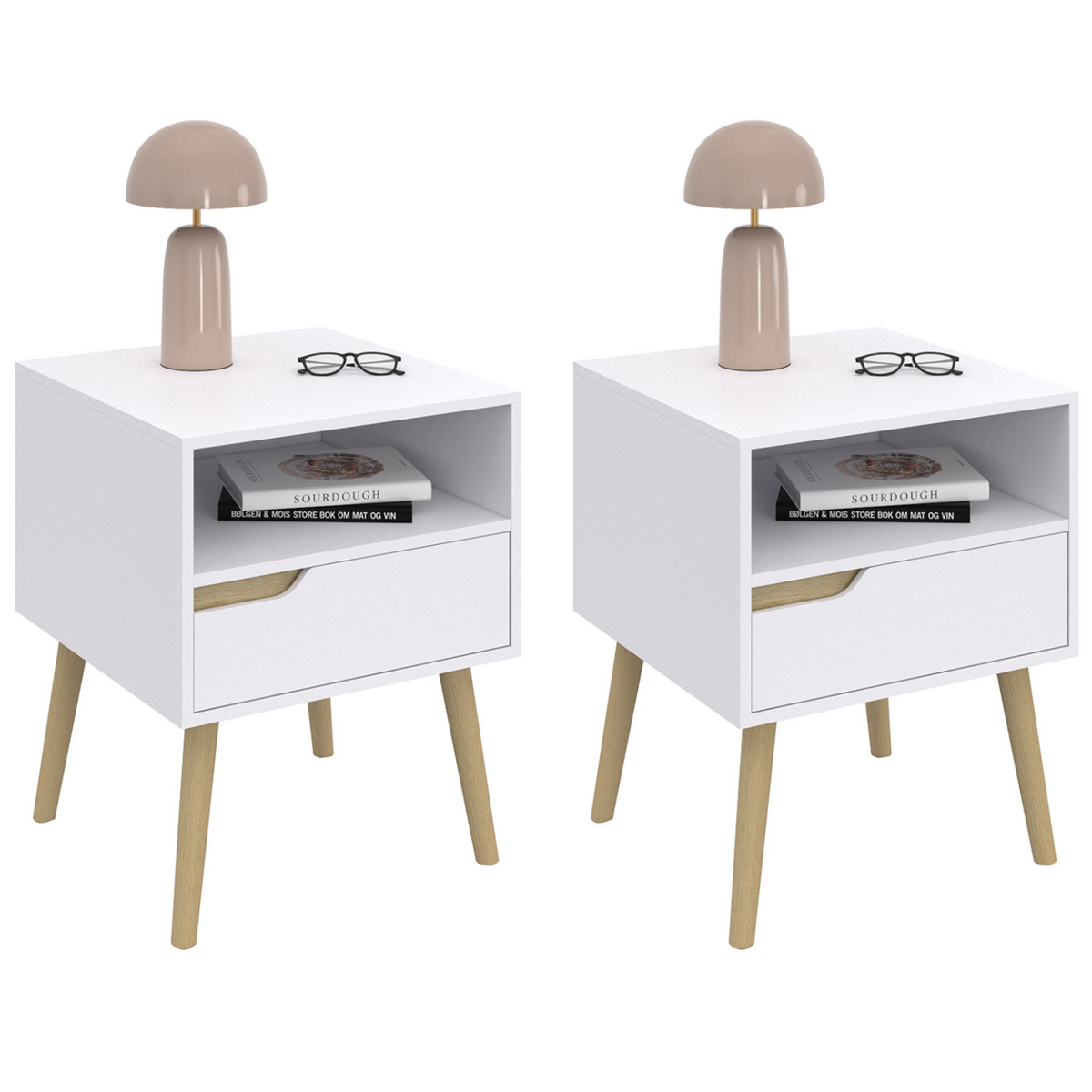 Lot de 2 tables de chevet scandinaves HELSINKI, 1 tiroir avec niche, blanc