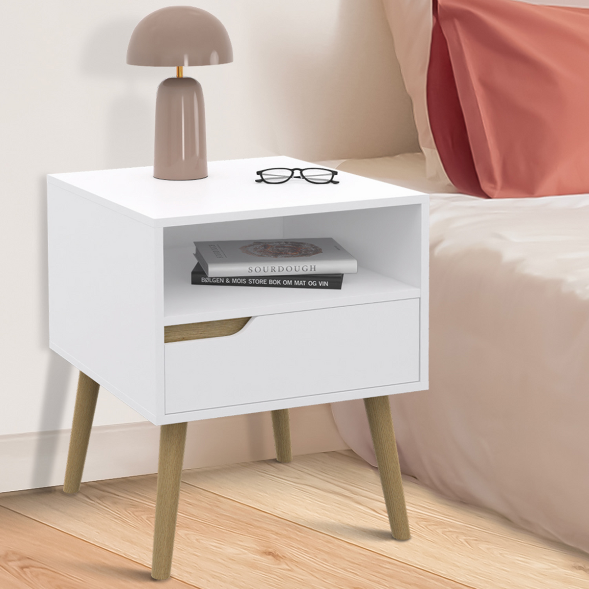 Lot de 2 tables de chevet scandinaves HELSINKI, 1 tiroir avec niche, blanc