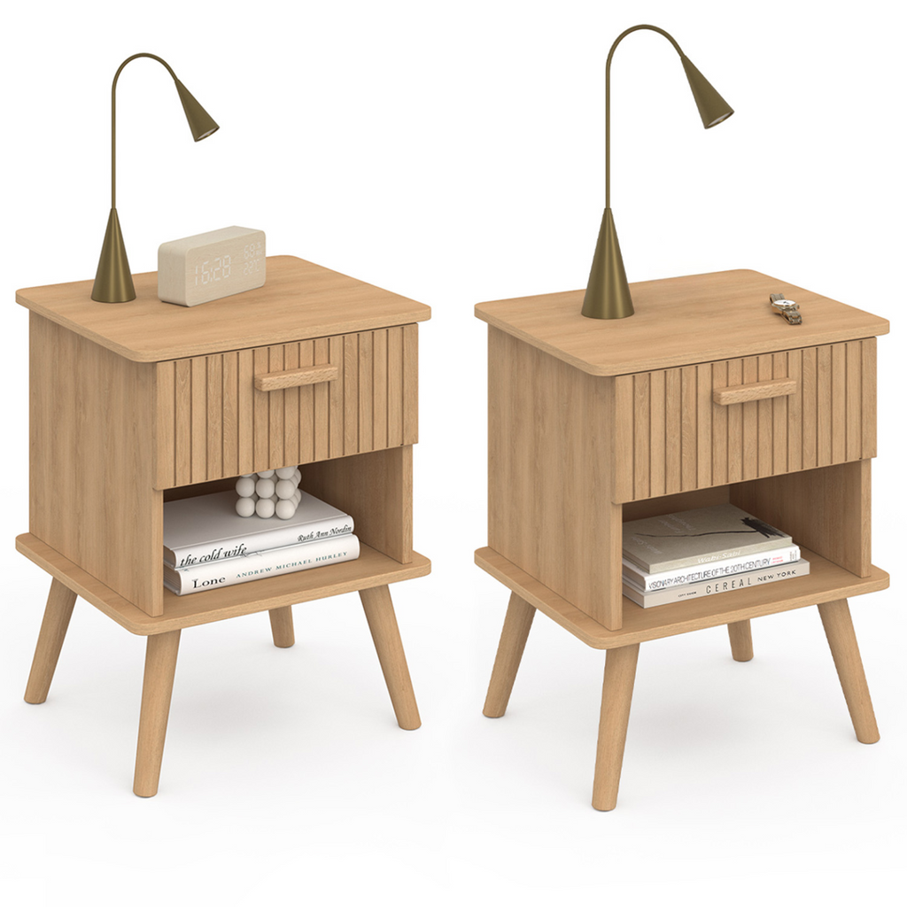 Lot de 2 tables de chevet JULIETTE 1 tiroir avec niche effet lattes tasseaux bois