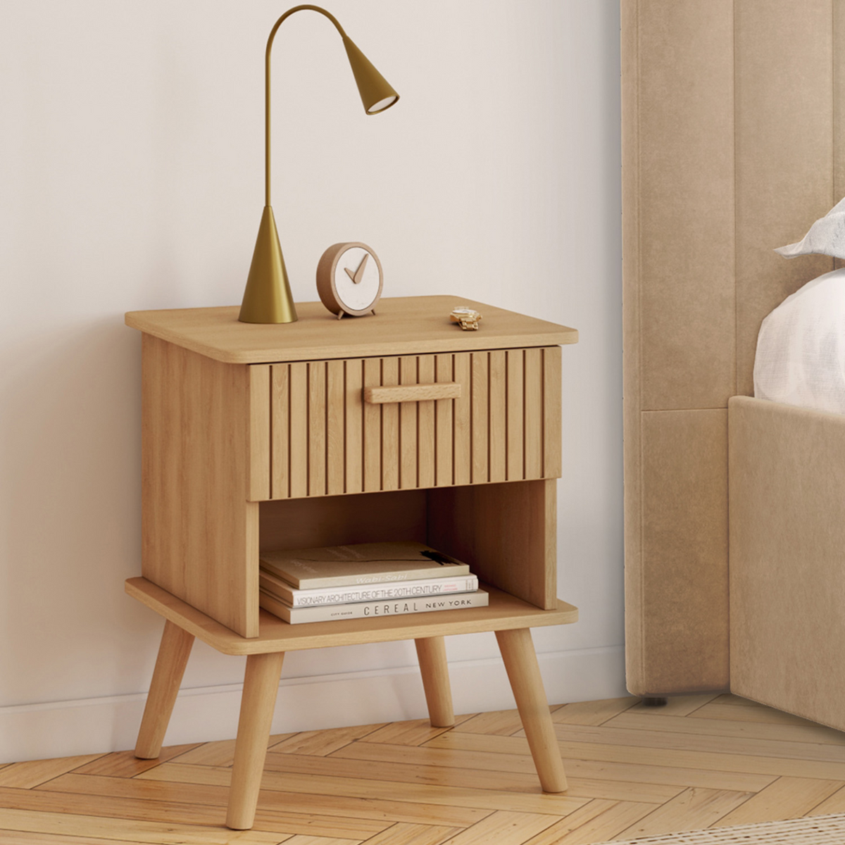 Lot de 2 tables de chevet JULIETTE 1 tiroir avec niche effet lattes tasseaux bois