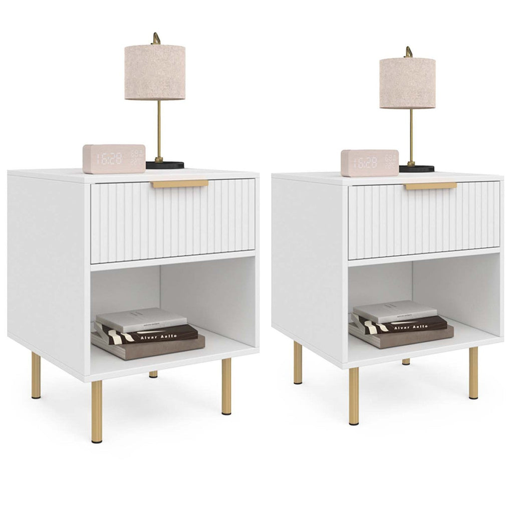 Lot de 2 tables de chevet MARCEL 1 tiroir avec niche effet lattes blanc et doré