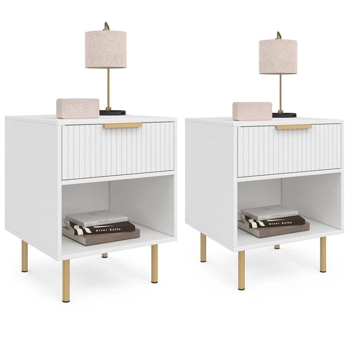 Lot de 2 tables de chevet MARCEL 1 tiroir avec niche effet lattes blanc et doré