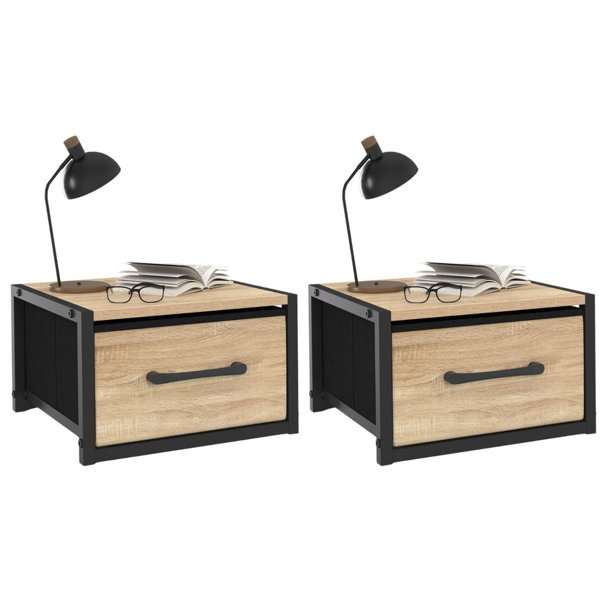 Lot de 2 tables de chevet murales avec tiroir en tissu, design industriel UTAH