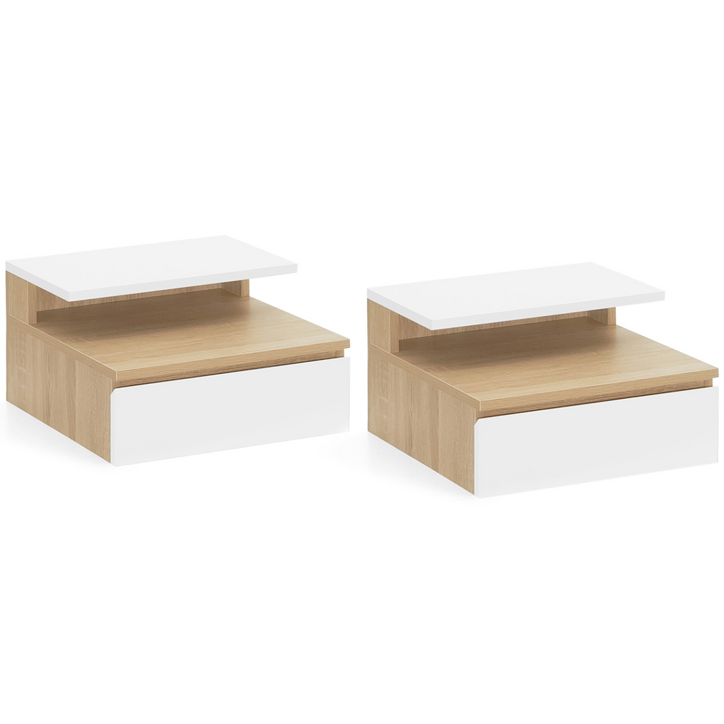 Lot de 2 tables de chevet murales TOMI 1 tiroir + 1 tablette étagère suspendue + 1 tablette aspect hêtre et blanc