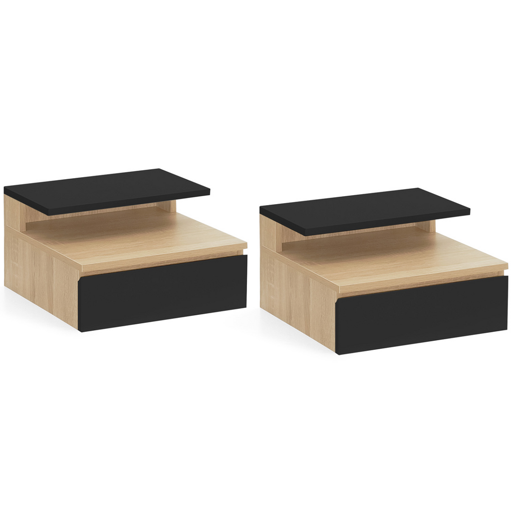 Lot de 2 tables de chevet murales TOMI 1 tiroir + 1 tablette étagère suspendue + 1 tablette effet hêtre et noir