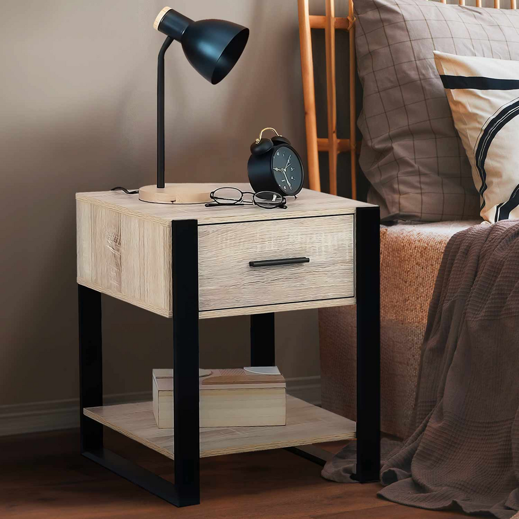 Lot de 2 tables de chevet ONYX 1 tiroir avec tablette bois et noir