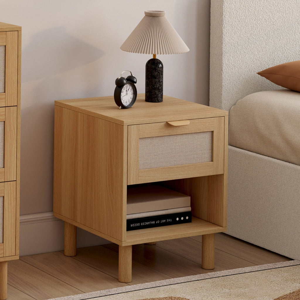 Lot de 2 tables de chevet ROBIN 1 tiroir avec niche bois et tissu effet lin